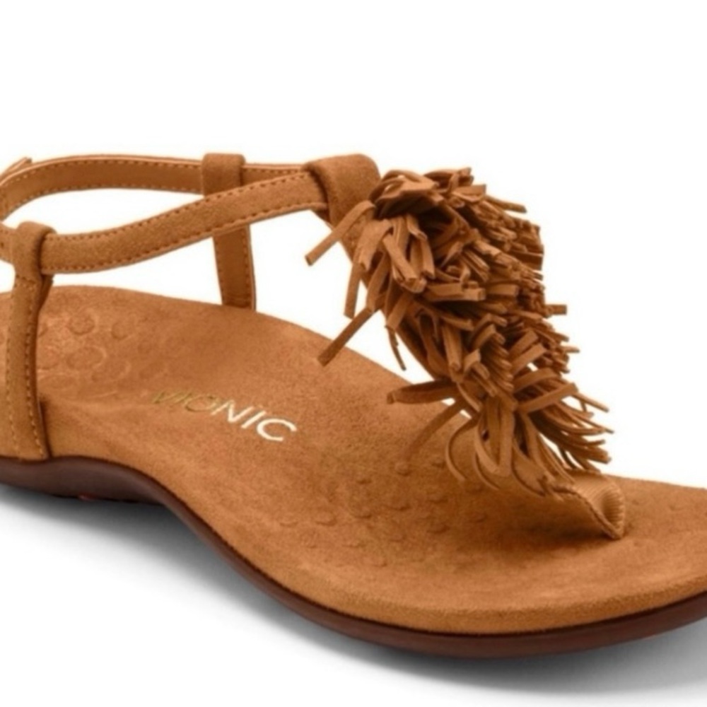 Vionic Orthotic Brown Sandals Leather Footbed with Suede Fringe